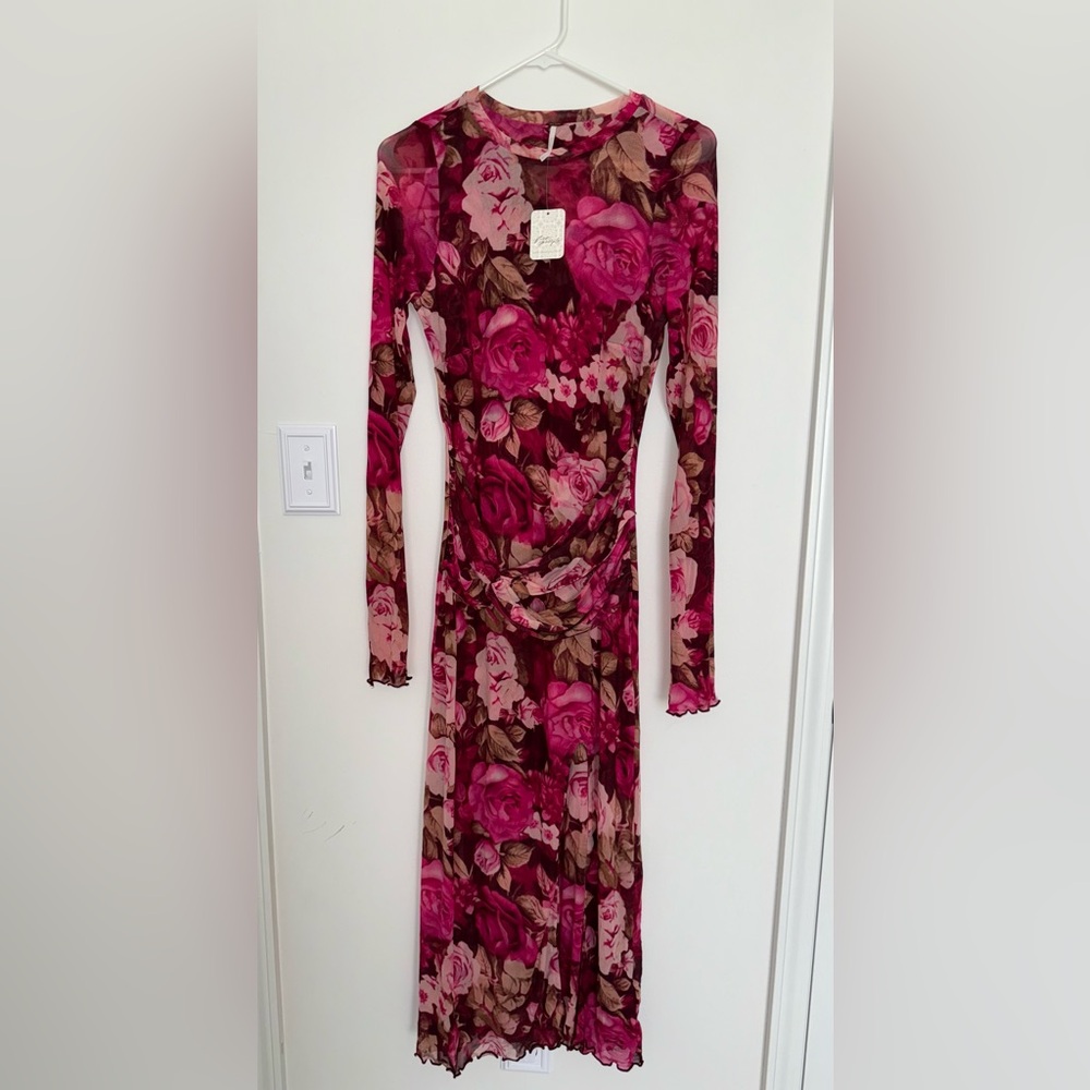 Free People Pink and Brown Floral Long Sleeve Dress